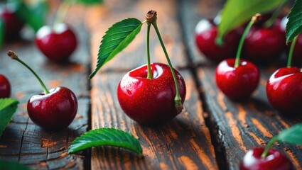 Fresh ripe cherries with green leaves arranged on a rustic wooden surface showcasing vibrant colors and natural textures.