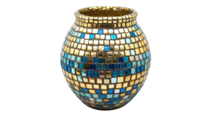 A beautifully crafted mosaic vase featuring blue, gold, and mirrored glass tiles arranged in an intricate pattern. Ideal for home decor and artistic display.