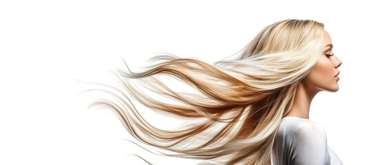 Elegant blonde model with long flowing wavy hair positioned in profile against a bright white background highlighting her stunning silhouette and beauty