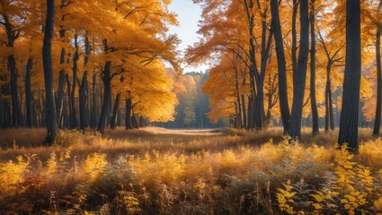 Obraz premium Autumn forest with vibrant yellow foliage and sunlit clearing surrounded by tall trees and golden grass in serene landscape setting