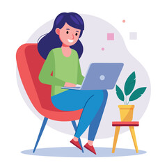 a girl is using his laptop vector	
