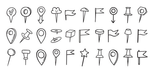 Pins hand drawn doodle set. Pin line drawing style for planner or map. Pins variable icons