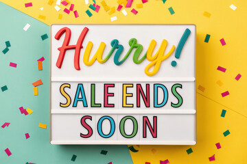 Text sale promotion 3D, Hurry Sale ends soon with confetti on bright background