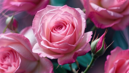 Pink roses in full bloom surrounded by lush green leaves with a soft focus background showcasing their delicate petals and vibrant colors.