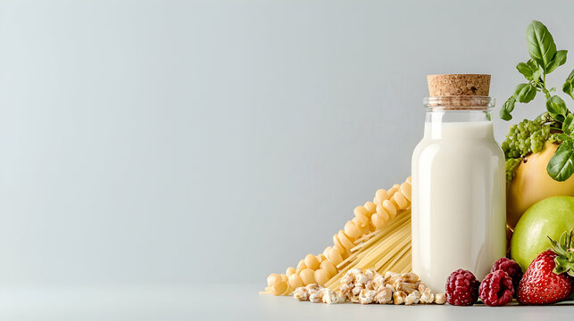Plant-based milk with pasta, fruit, and grains. Healthy vegan food banner