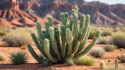 Cactus plant with rounded tips in desert landscape with distant mountains and sparse vegetation under bright sunlight