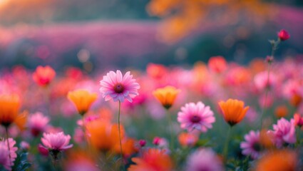 Fototapeta premium Colorful floral field with pink and orange flowers gently blurred in a soft sunlight backdrop creating a dreamy, serene atmosphere.