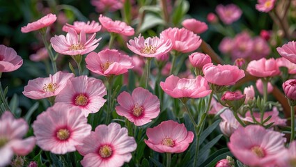 Pink flowering plants in a garden setting with lush green foliage and delicate petals in natural sunlight.