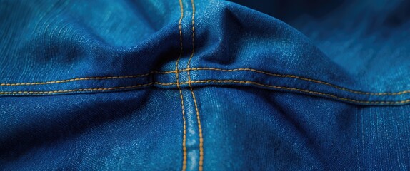 Naklejka premium Blue denim fabric close-up showcasing textured material and detailed stitching against a backdrop of smooth denim.