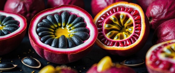 Passion fruits sliced open displaying vibrant yellow and black seeds on a dark background