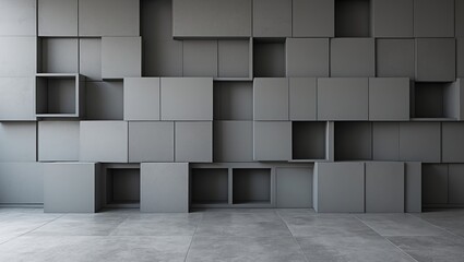Gray abstract wall design with three-dimensional square boxes of varying size and depth on a concrete floor.