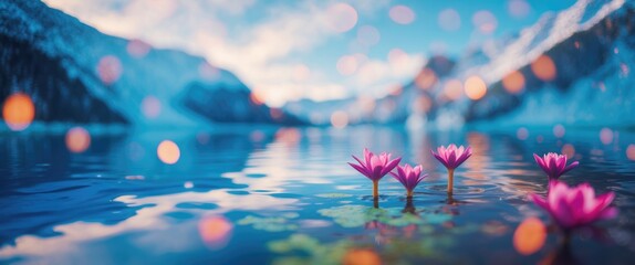 Fototapeta premium Tranquil lake with pink water lilies and blurred bokeh against a backdrop of snowy mountains in a serene winter nature setting