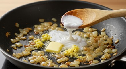 Coconut milk pouring onto caramelized onions with ginger and butter