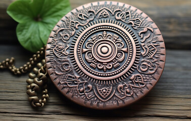 Fototapeta premium A vintage wheel with intricate gold and metal patterns, similar to ancient coins, with decorative symbols and cultural and historical designs.