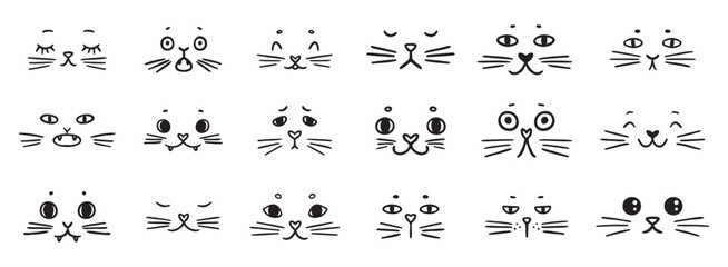 cute funny cat faces doodle hand drawn icon set. Outline drawing cats emotions different mood happy or sad line clipart symbol collection © Yanka