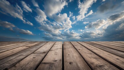 Serene Blue Sky With White Clouds Over Wooden Planks Floor Creating a Tranquil Outdoor Background for Design and Nature Themes