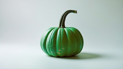 Green pumpkin with textured skin and dark green stem isolated on light background with soft shadows and minimalistic composition