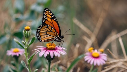 Obraz premium Colorful butterfly perched on pink flower amidst lush natural background showcasing vibrant flora and serene outdoor beauty.