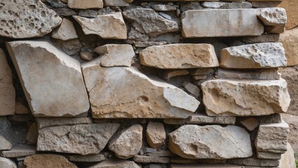 Fototapeta premium Textured stone wall composed of irregularly shaped rocks in varied shades of beige and grey layered together.