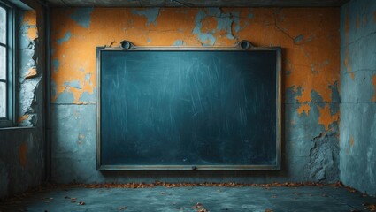 Vintage blackboard in a dilapidated classroom with peeling orange walls and cement floor, evoking a nostalgic educational atmosphere.