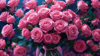 Obraz premium Vibrant bouquet of fresh pink roses with lush green leaves against a blurred blue background, perfect for floral-themed designs and presentations.