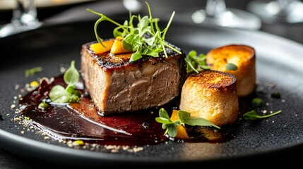 Luxury lamb foie gras terrine with brioche toast and a delicate port wine reduction, presented in a high-end restaurant setting
