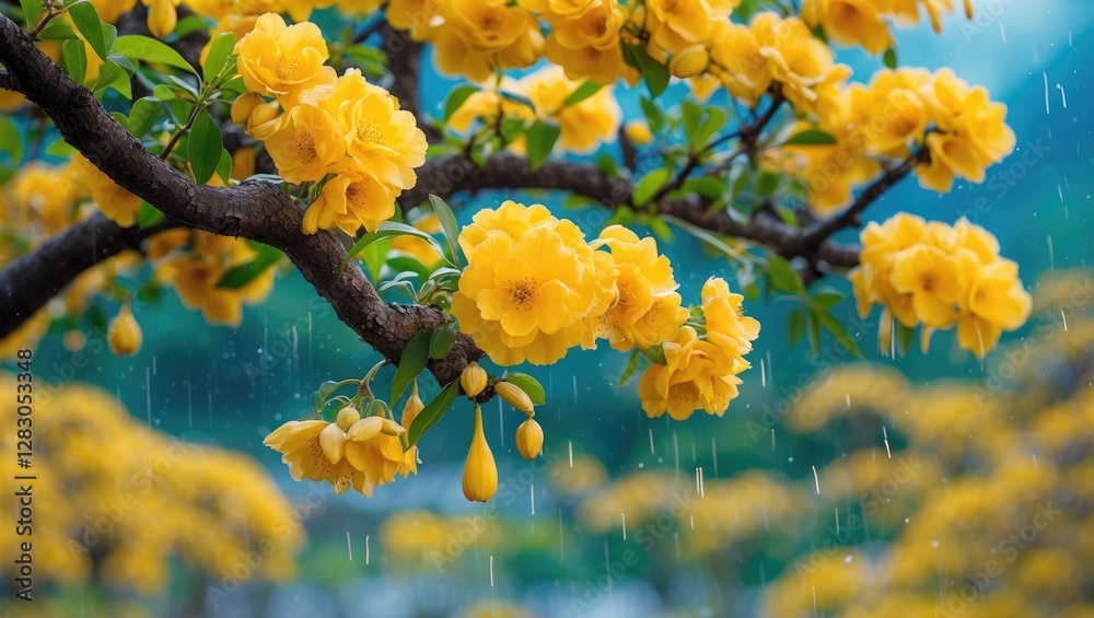 Wall mural Golden shower tree blossoms showcasing vibrant yellow flowers in full bloom during the rainy season, creating a striking natural landscape.