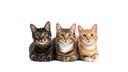 Three cute cats lounging on white