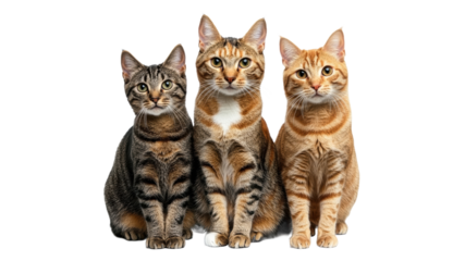 Three cats sit together with attentive expressions