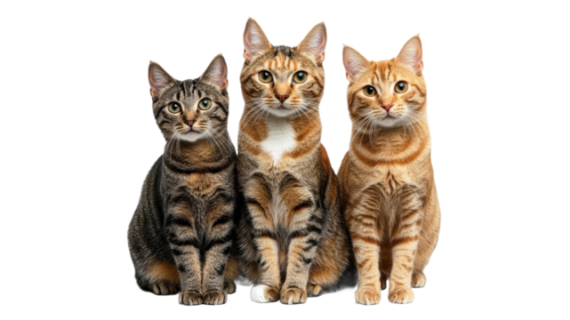 Three cats sit together with attentive expressions