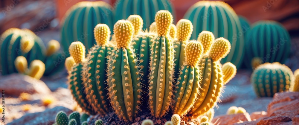 Wall mural cluster of cacti with golden spines in a desert environment with blurred background of other cacti i