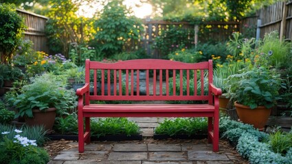 Red wooden bench in a lush garden surrounded by various flowering plants and greenery on a sunny day.