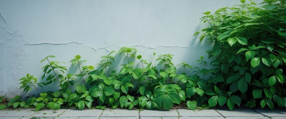Green plants growing against a cracked light blue wall with stone pavement visible at the bottom of the image.