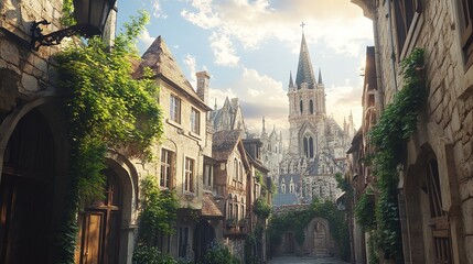 Fototapeta premium majestic old city with a historic landmark church and a tall tower surrounded by narrow streets and beautiful vintage architecture under a cloudy sky
