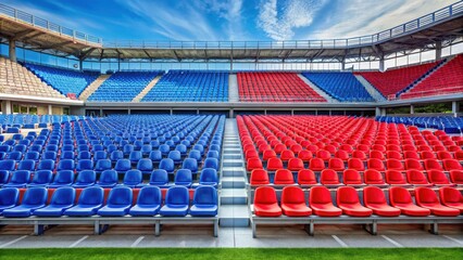 Obraz premium A long bench is placed in the middle of a football stadium with red and blue seats, creating an energetic atmosphere, football stadium, seats