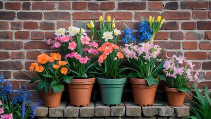 Naklejka premium Potted colorful flowers in ceramic pots arranged against a rustic brick wall in a garden setting