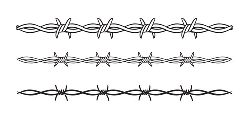 Barbed wire isolated template border. Wire barb fence set. Protection barbed wire silhouette outline clipart