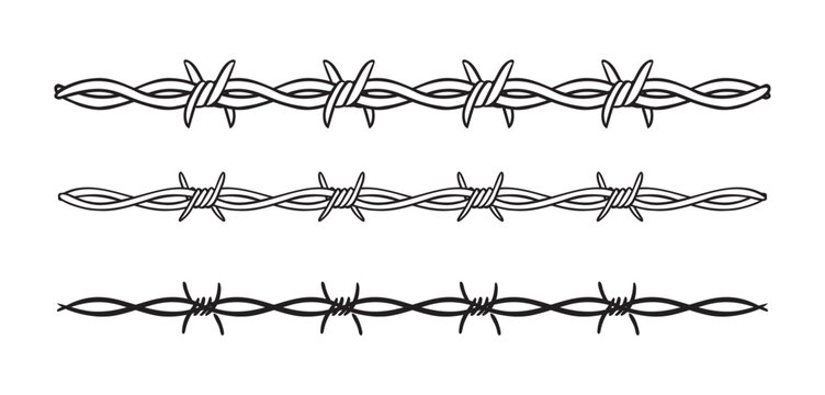 Barbed wire isolated template border. Wire barb fence set. Protection barbed wire silhouette outline clipart