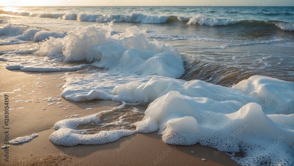 Sticker waves crashing on sandy beach with frothy foam during sunset creating a tranquil coastal scene in go