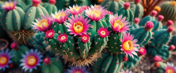 Vibrant cactus flowers blooming in a desert landscape showcasing colorful pink and yellow blossoms on green spiny cacti.