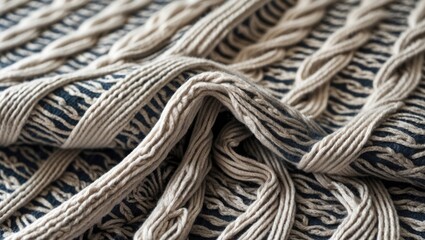 Textured cable knit fabric in beige and navy showcasing intricate patterns for cozy winter clothing and accessories.