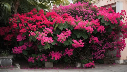Vibrant bougainvillea shrub adorned with lush pink and purple flowers thriving in a tropical garden setting.