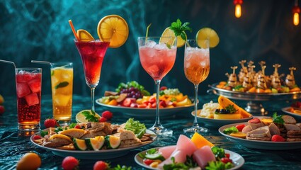 Elegant buffet table with colorful cocktails and a variety of fresh gourmet dishes in a festive setting for catering events.