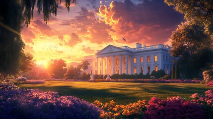 Hyper-realistic image of the White House lawn at golden hour, intricate details of the iconic building glowing in the golden light, with a vibrant sky transitioning from orange to purple,