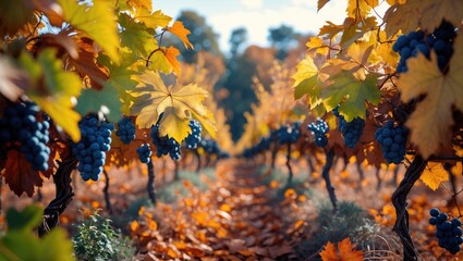 Vineyard rows with ripe blue grapes and yellow autumn leaves under soft sunlight in a countryside setting