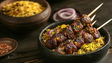Persian-style saffron lamb kebabs, garnished with sumac onions and served with jeweled rice, on a dark wooden table