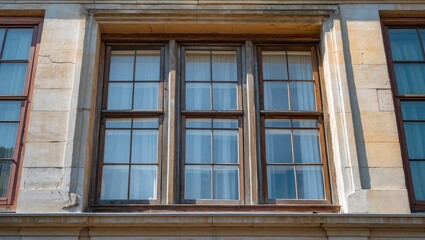 Obraz premium Architectural detail of vintage building windows showcasing classic design and craftsmanship against a stone wall background.