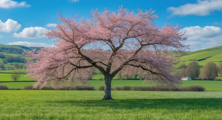 Obraz premium Vibrant Countryside Scene Featuring a Solo Blooming Tree in Green Field Under a Clear Blue Sky with Rolling Hills in the Distance