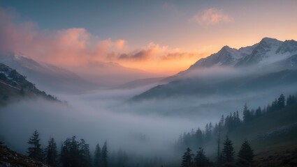 Obraz premium Mountain landscape at sunrise with fog rolling through valleys and pine trees in the foreground and majestic peaks in the background