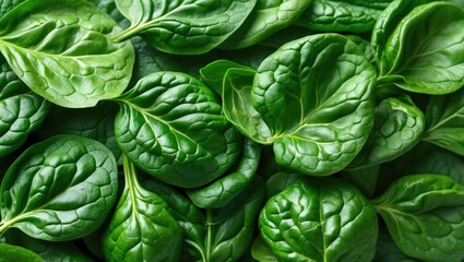 Fototapeta premium Fresh green spinach leaves arranged closely together with rich texture and vibrant color. Background of healthy leafy greens.